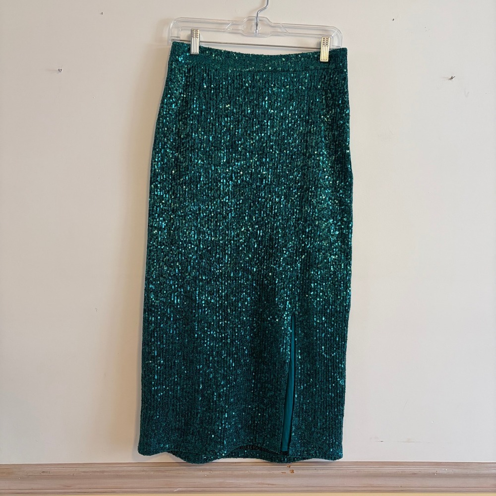 Maeve by Anthropologie Emerald Green Sequin Midi Skirt Side Slit Small OB1216666